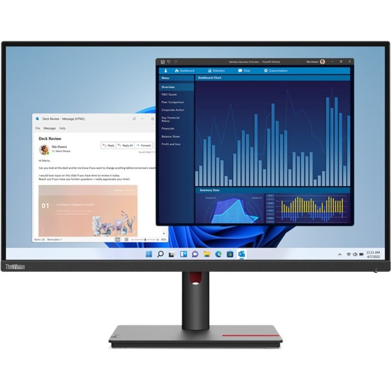 Front view of ThinkVision T27p-30 showing multiple application windows and data visualization