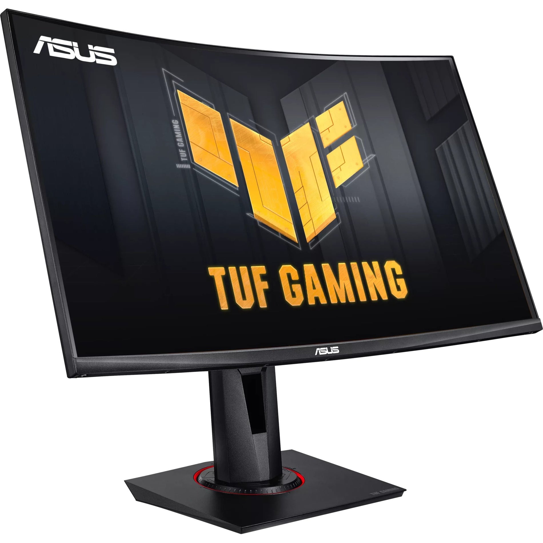 Angular side view of the ASUS TUF Gaming VG27VQM monitor showing curved screen and stand design-alternate-image3