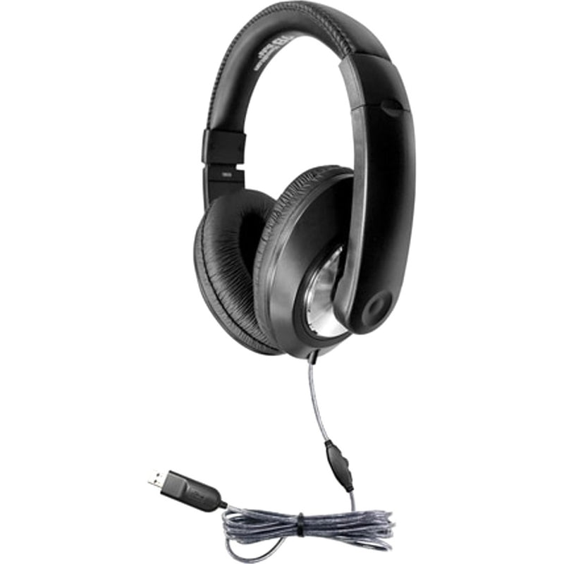 Side view of black Smart-Trek USB headphones with volume control and braided cable