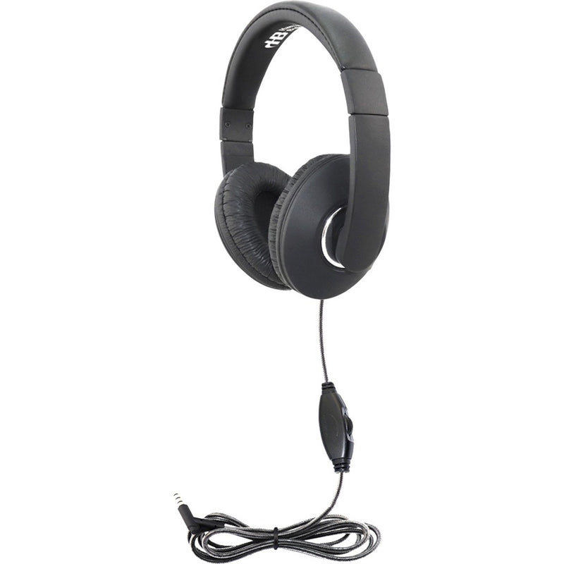 Side view of Smart-Trek Mini black headphones with in-line volume control and braided cable