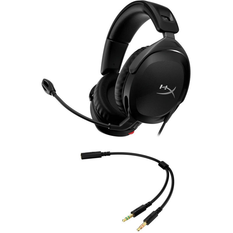 HyperX Cloud Stinger 2 gaming headset with boom microphone and 3.5mm audio cable on white background