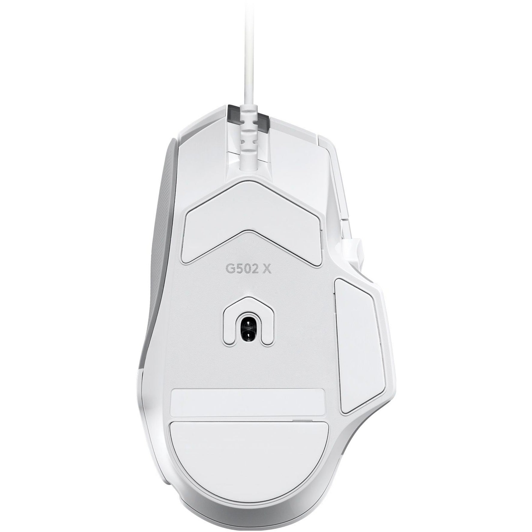 Bottom view of Logitech G502 X gaming mouse showing sensor placement and glide pads-alternate-image2