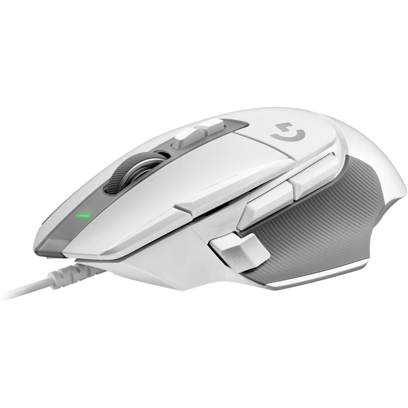 Side view of white Logitech G502 X gaming mouse showing ergonomic design and programmable buttons