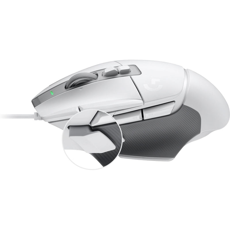 Side angle view of Logitech G502 X gaming mouse showing textured grip and thumb rest