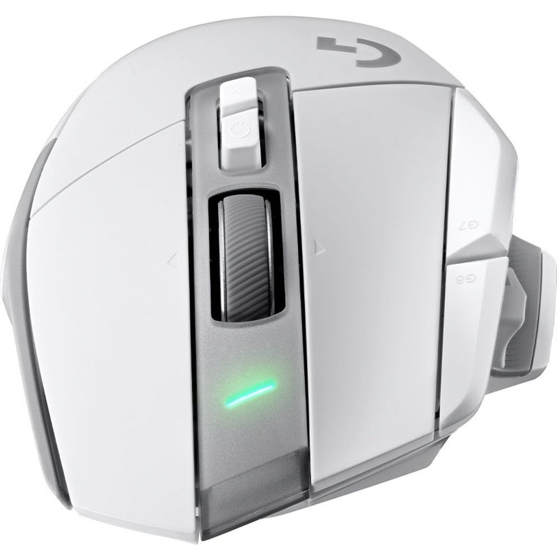 Side profile of white Logitech G502 X gaming mouse showing RGB strip and button layout