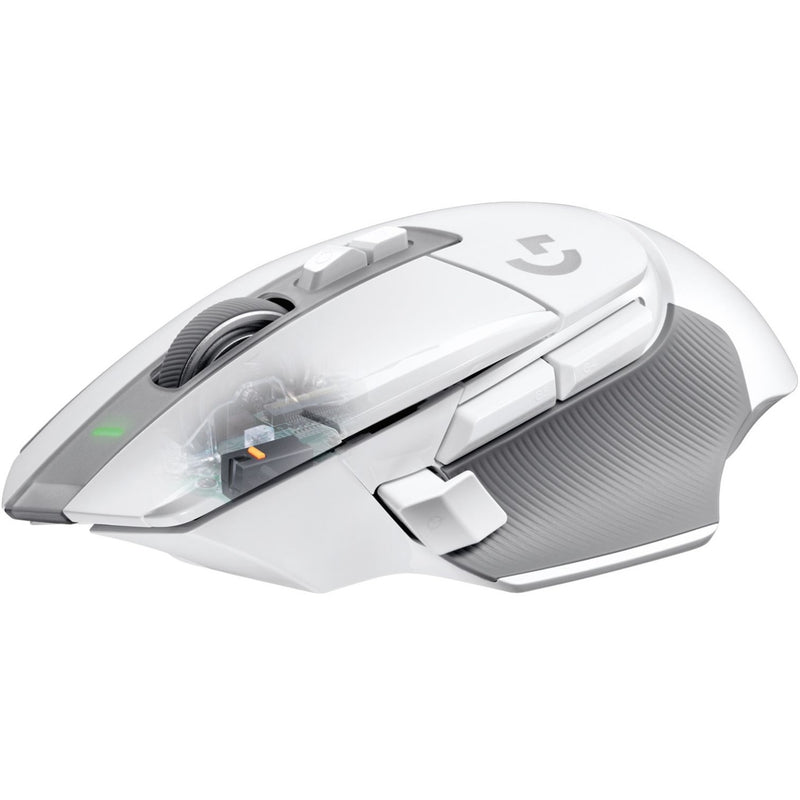 Transparent view of Logitech G502 X LIGHTSPEED mouse showing internal LIGHTFORCE switch technology