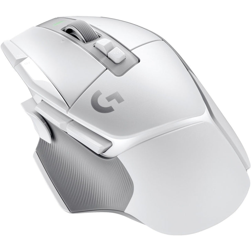 White Logitech G502 X LIGHTSPEED gaming mouse with hybrid switches and ergonomic design, side view