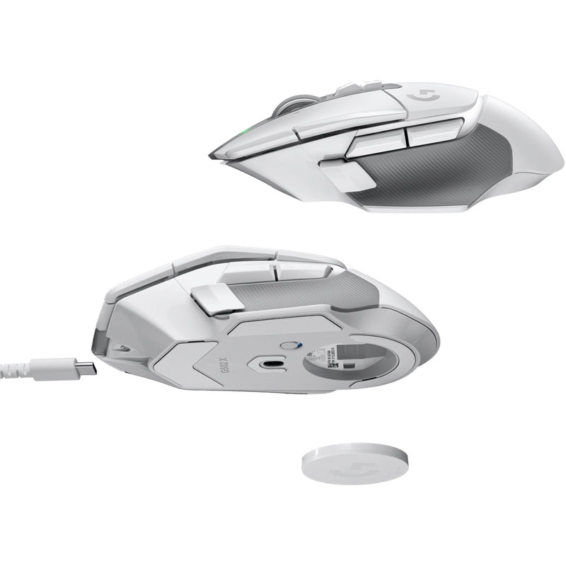 Multiple angles of Logitech G502 X LIGHTSPEED mouse showing USB-C charging port and wireless receiver