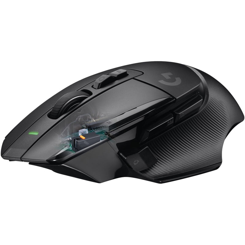 Transparent view of Logitech G502 X showing internal LIGHTFORCE switch mechanism and circuitry