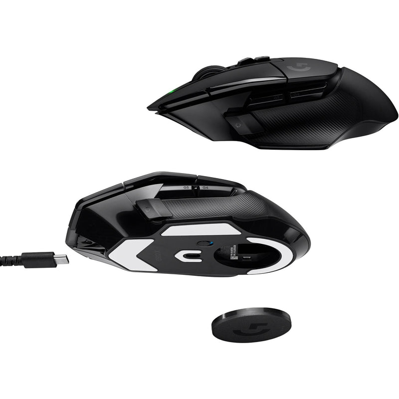 Multiple angles of Logitech G502 X showing wireless charging capability and USB receiver