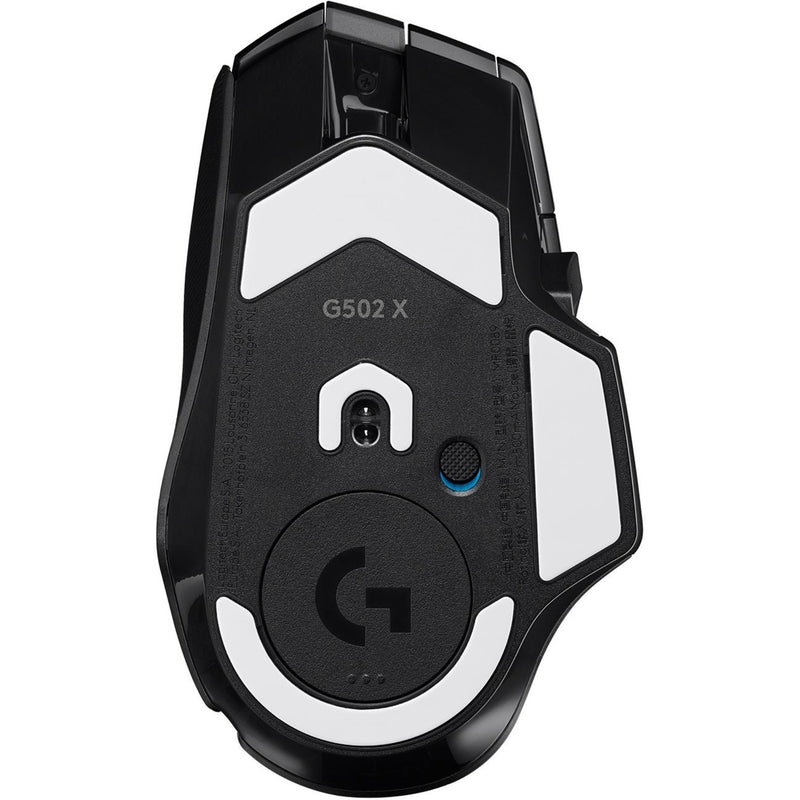 Bottom view of Logitech G502 X showing sensor placement and PTFE feet