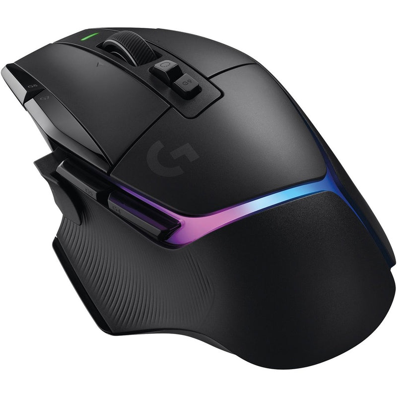 Side view of Logitech G502 X PLUS gaming mouse showing RGB lighting strip and ergonomic button layout