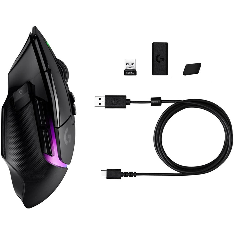 Complete package contents of G502 X PLUS gaming mouse with included accessories