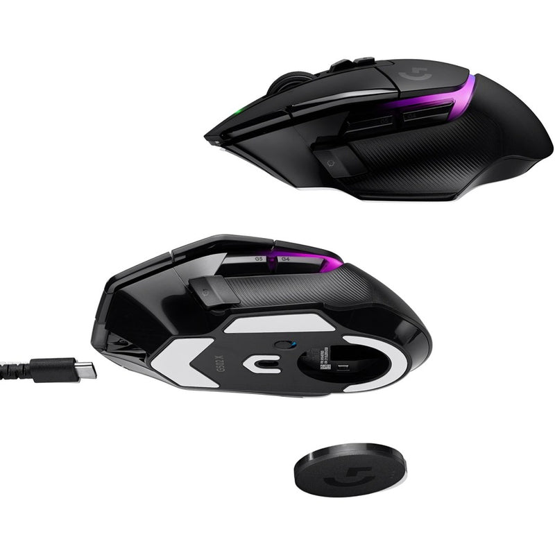 Multiple views of G502 X PLUS gaming mouse with USB-C charging cable and wireless receiver