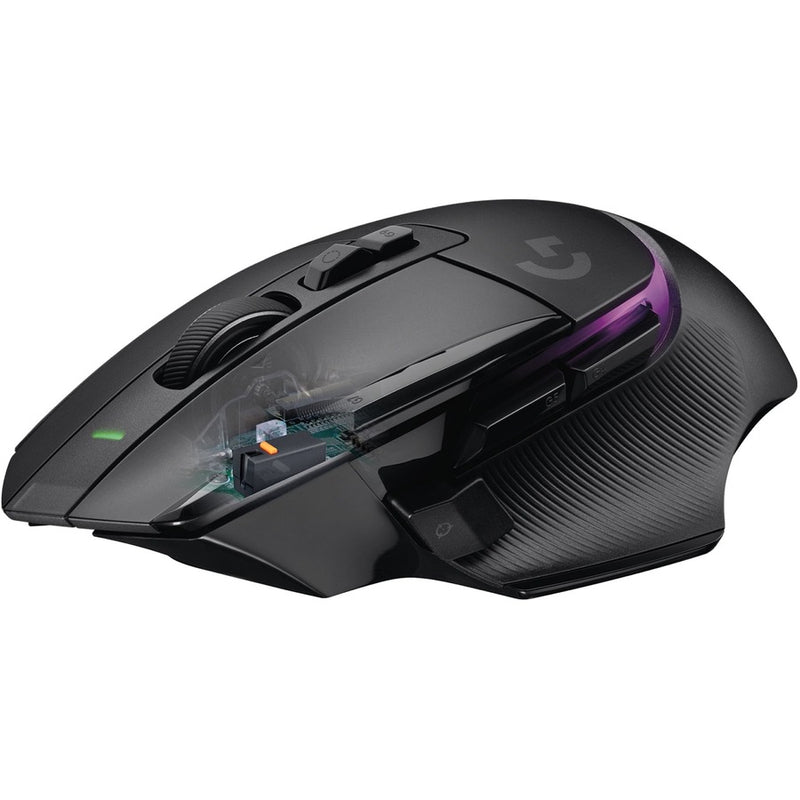 Transparent view of Logitech G502 X PLUS gaming mouse showing internal sensor and circuit board