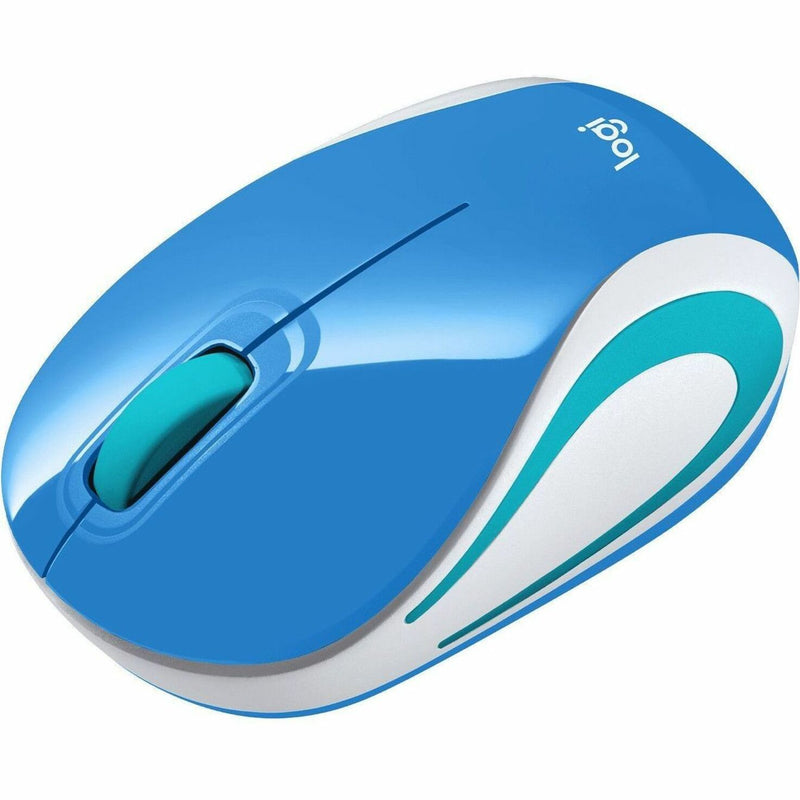 Side angle view of Logitech M187 wireless mouse showing curved profile and dual-tone design