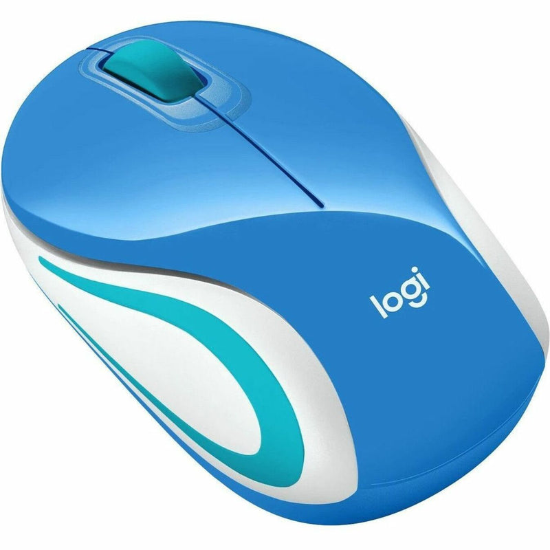 Logitech M187 wireless mouse in blue and white with turquoise accents, shown from a top angled view