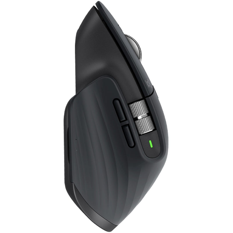 Side profile view of MX Master 3S mouse showing thumb wheel and button layout