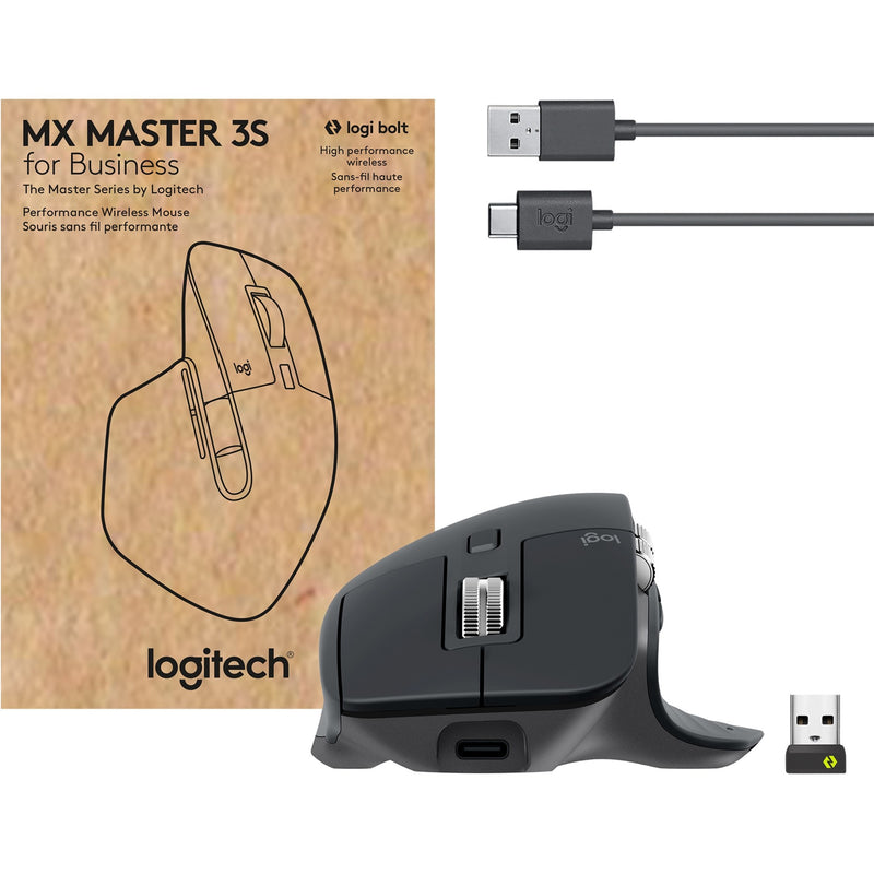 MX Master 3S mouse with included USB-C cable and Logi Bolt receiver