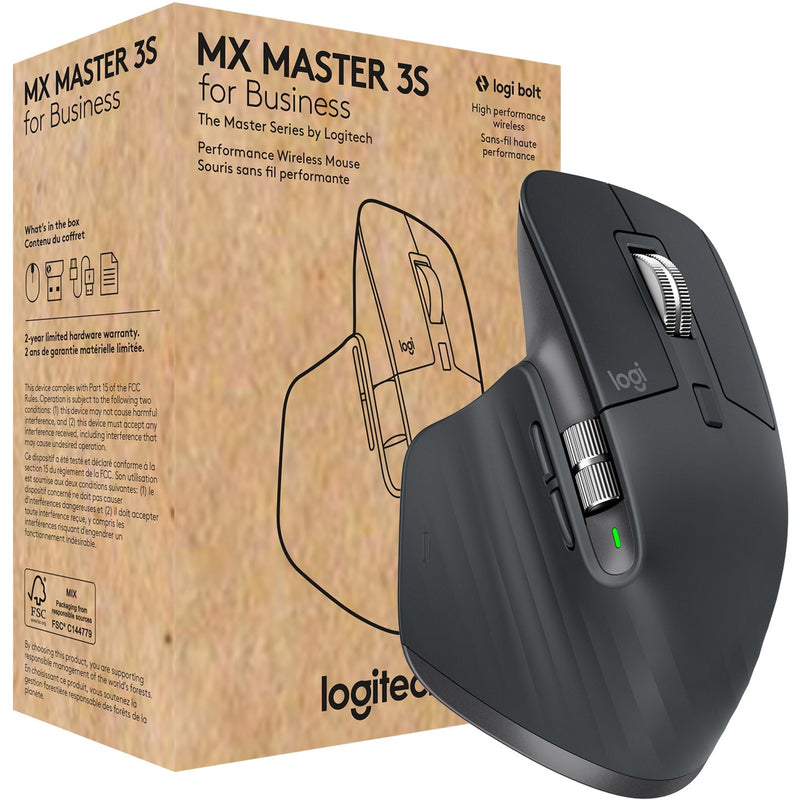 Logitech MX Master 3S for Business mouse in graphite color shown with retail packaging and product contents