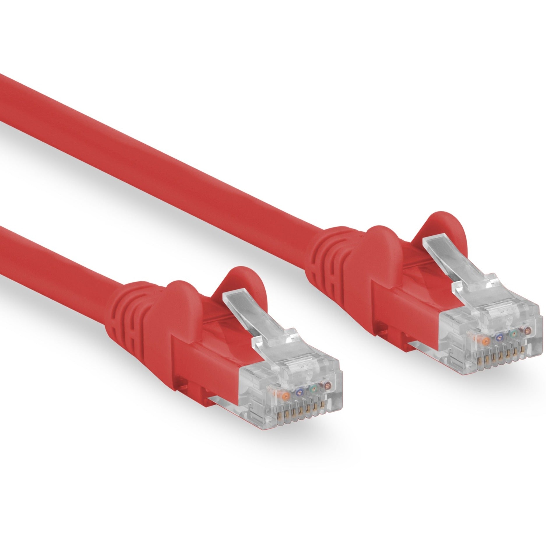 Close-up view of red Cat.6 network cable with transparent RJ-45 connectors showing internal wiring-alternate-image1