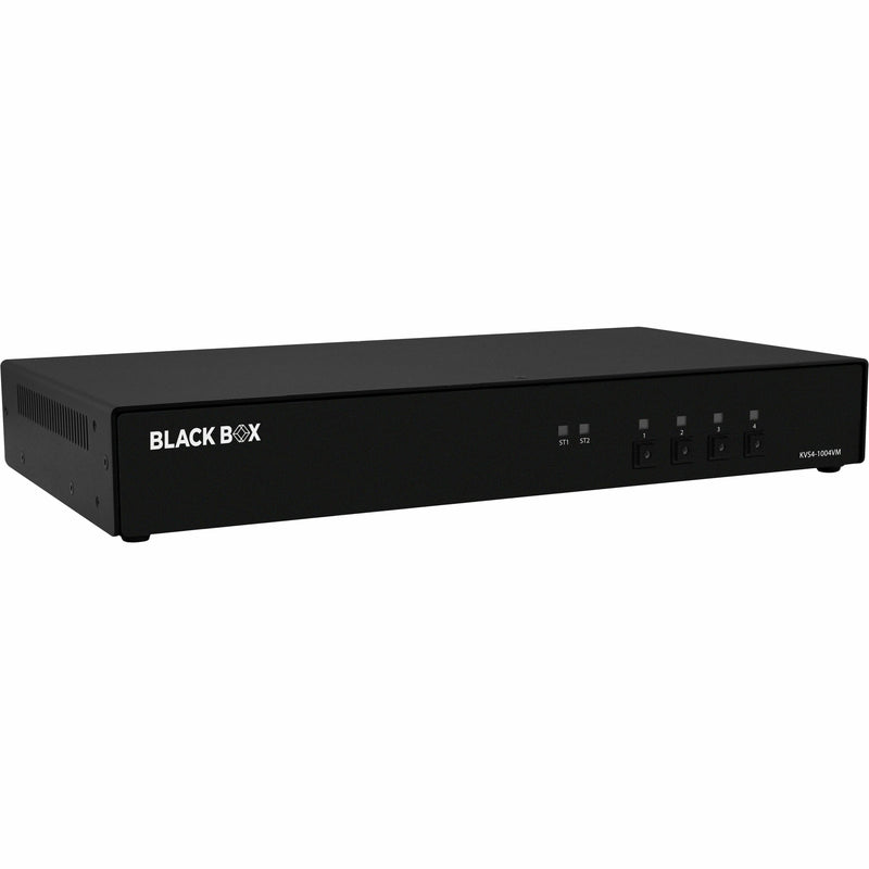 Front view of Black Box KVS4-1004VM secure KVM switch showing power button and four numbered system selection buttons