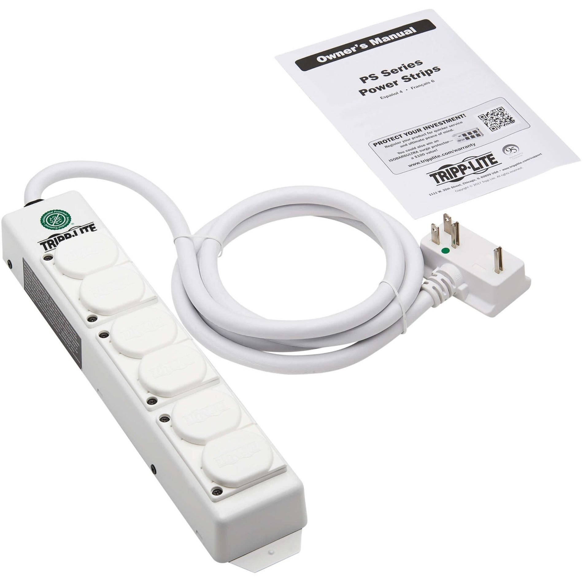 Tripp Lite PS-615-HGDG Safe-IT 6-Outlets Power Strip 1800W 15A 15ft Cord White  トリップライト PS-615-HGDG Safe-IT 6個のコンセントパワーストリップ、1800W、15A、15ftコード、ホワイト