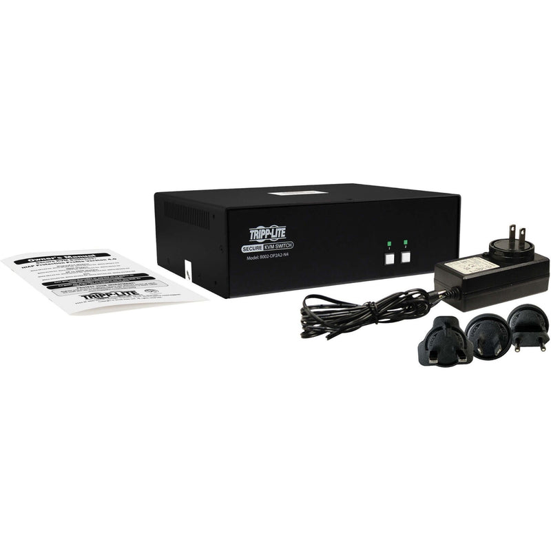 Complete package contents of Tripp Lite Secure KVM Switch including unit, power supply, adapters and manual