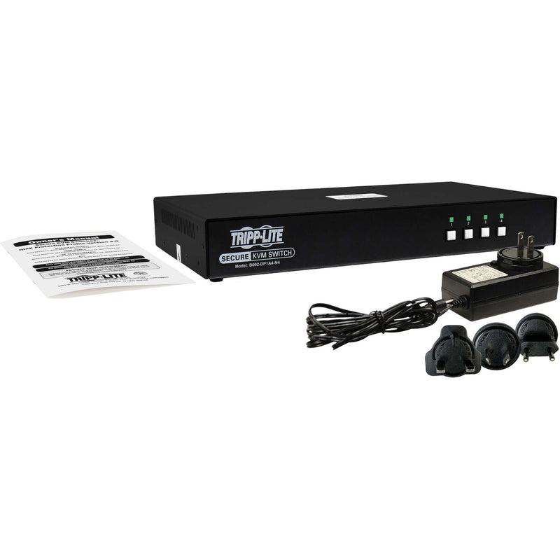 Complete package contents of Tripp Lite secure KVM switch including power adapters and documentation