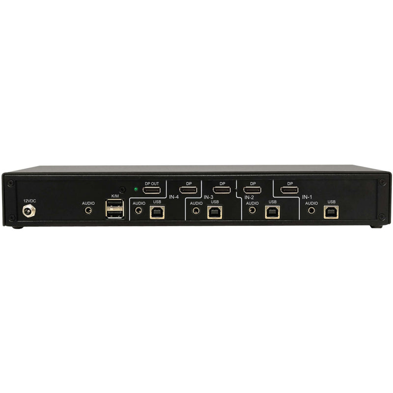 Rear view of Tripp Lite secure KVM switch showing DisplayPort, USB, and audio connections