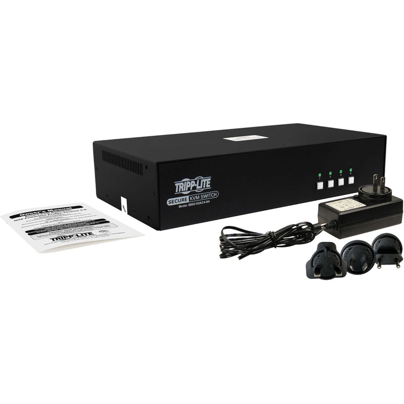 Complete package contents of Tripp Lite Secure KVM Switch including power supply, manual, and international plug adapters