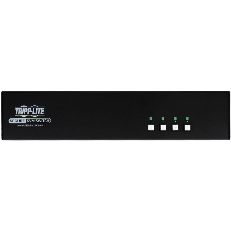 Direct front view of Tripp Lite Secure KVM Switch control panel with four port selection buttons and status LEDs