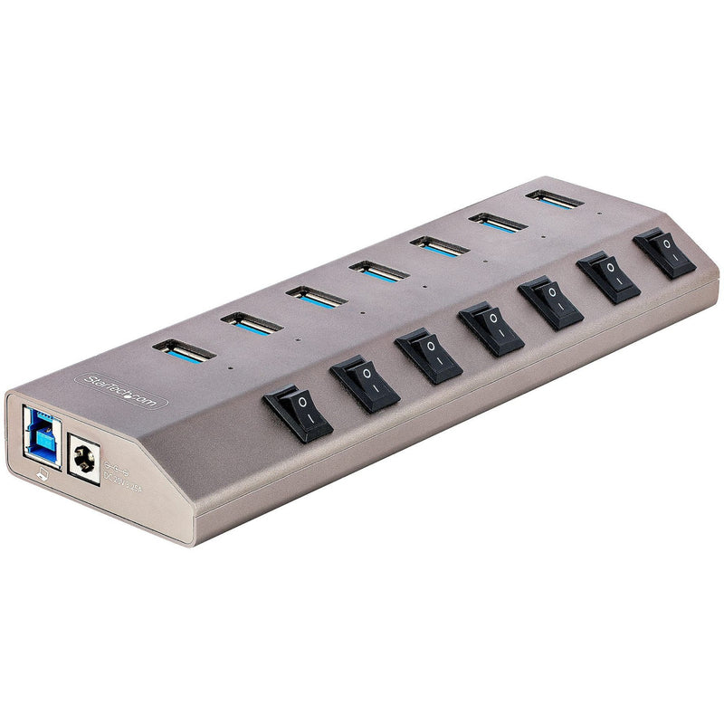 Front view of StarTech.com 7-port USB hub showing USB ports and individual power switches