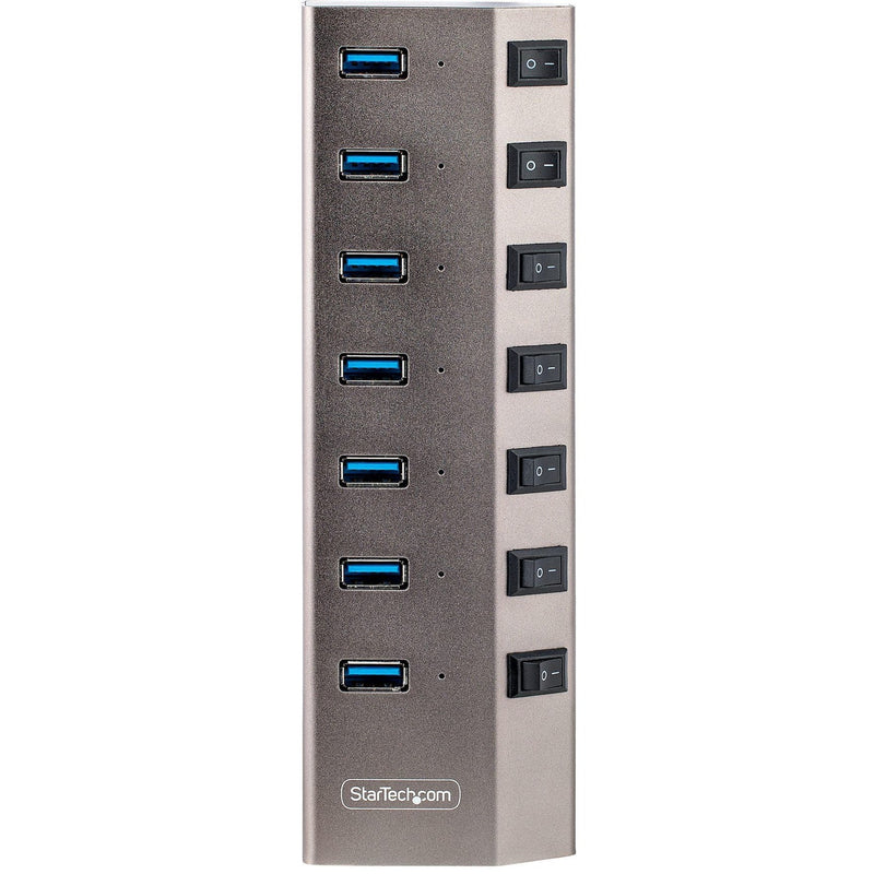 Vertical view of USB hub showing aligned ports and power switches