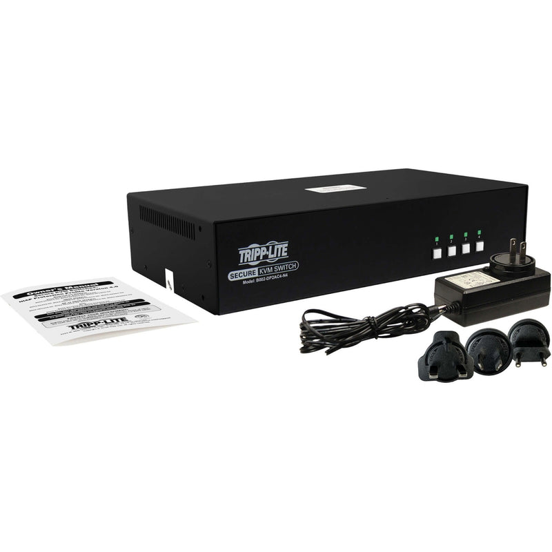 Complete package contents of Tripp Lite Secure KVM Switch including unit, power supply, adapters, and documentation