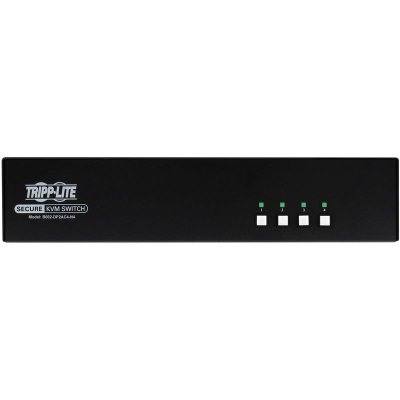 Close-up front view of Tripp Lite Secure KVM Switch control panel with four numbered buttons and status LEDs