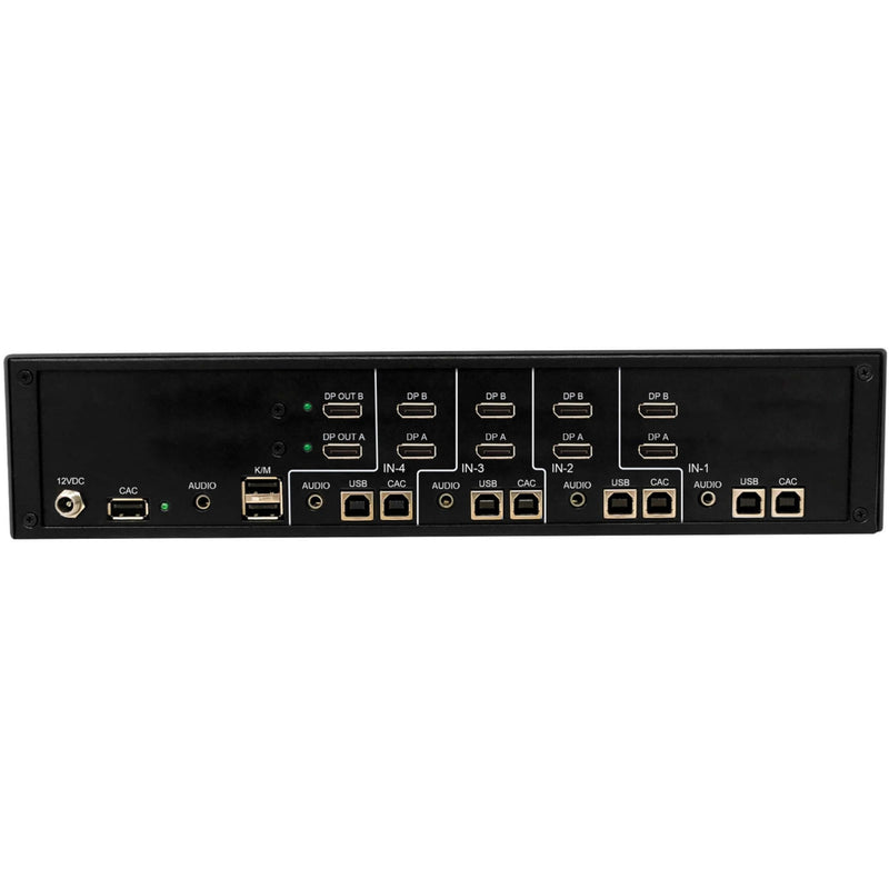 Rear panel view of Tripp Lite Secure KVM Switch showing multiple DisplayPort, USB, audio, and CAC ports