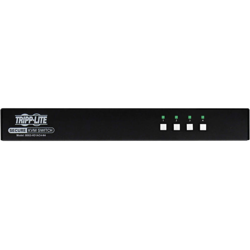 Close-up front view of Tripp Lite Secure KVM Switch control panel with four selection buttons