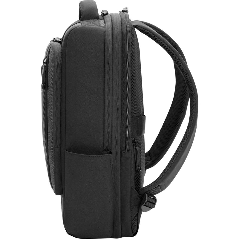 Side view of HP laptop backpack showing ergonomic design and multiple compartments