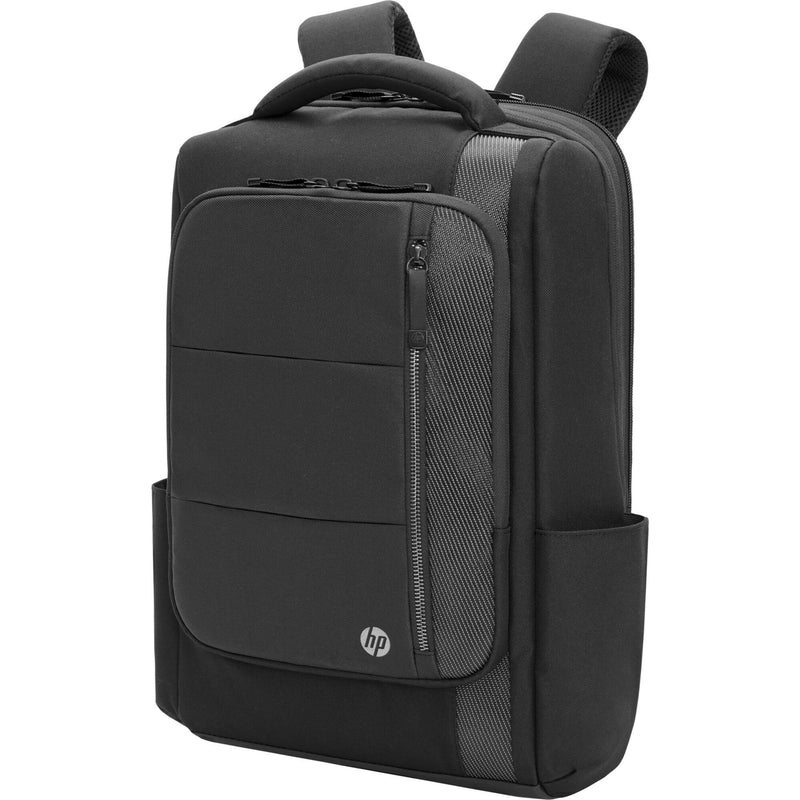 Front view of black HP Renew Executive 16-inch laptop backpack showing main compartments and mesh accent