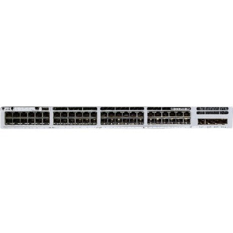 Front view of Cisco Catalyst 9300L-48P-4X-E switch showing 48 Gigabit Ethernet ports and 4 SFP+ uplink ports in silver chassis