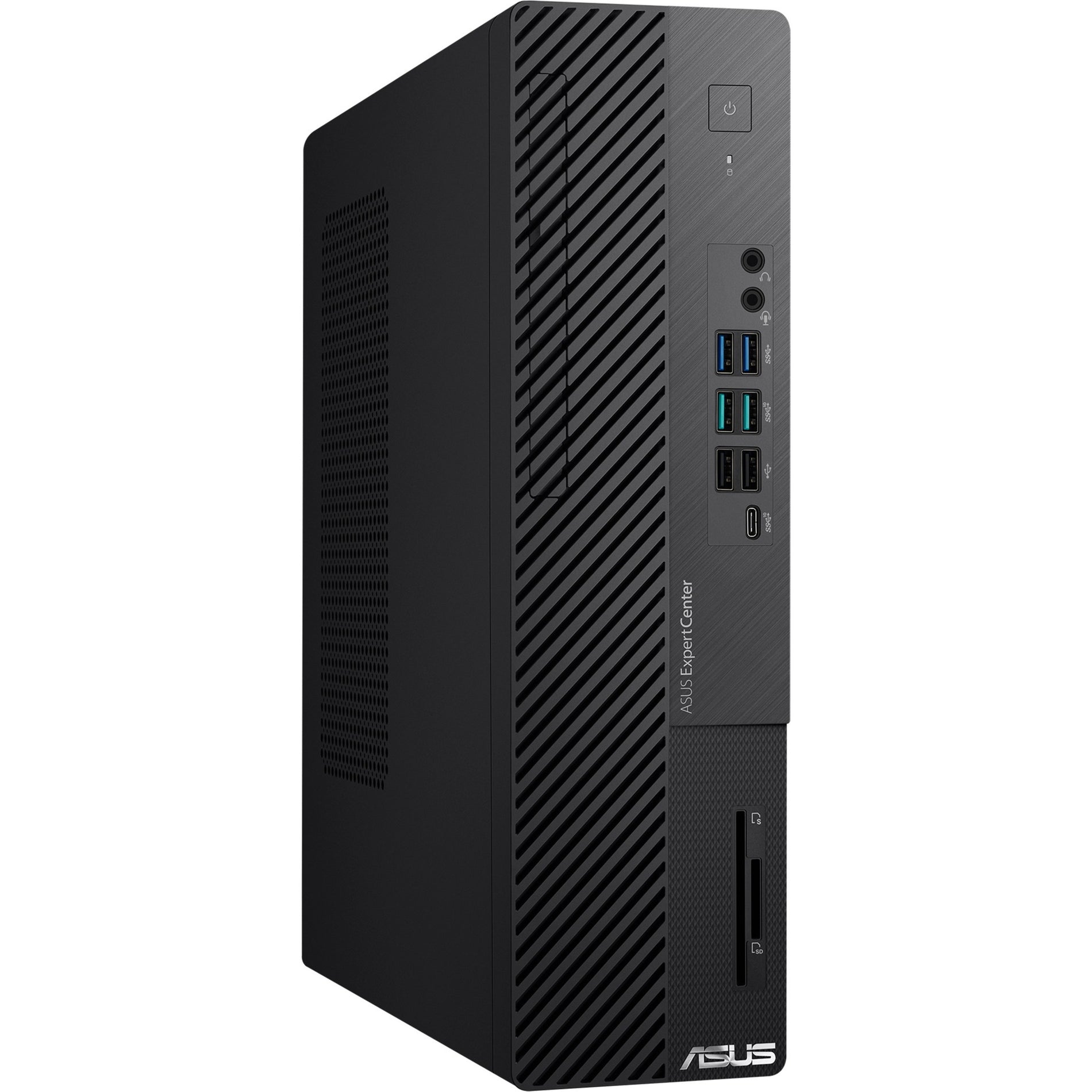 Front three-quarter view of ASUS ExpertCenter D700SD desktop showing front ports and ventilation design-alternate-image1