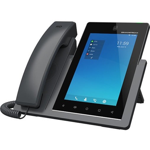 Front view of Grandstream GXV3470 video IP phone showing 7-inch touchscreen display and HD handset