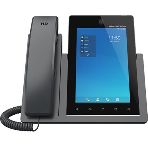 Side angle view of GXV3470 IP phone displaying touchscreen interface and handset placement