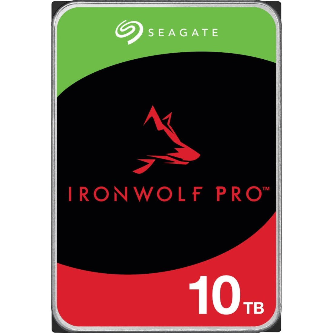 Front view of Seagate IronWolf Pro 10TB NAS hard drive featuring distinctive red and green branding-alternate-image1