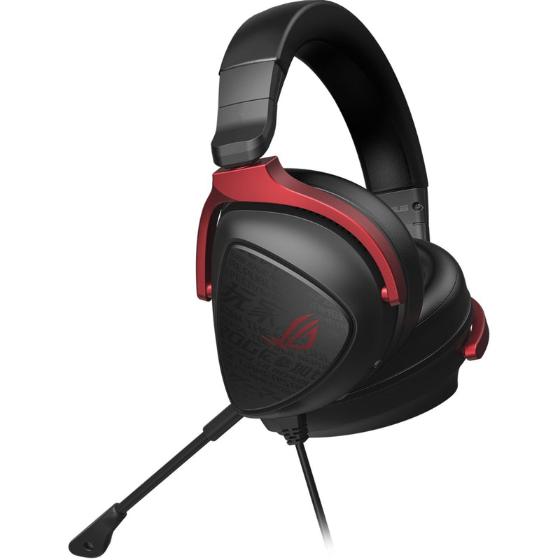 Angled view of ROG Delta S Core headset emphasizing the detachable microphone design