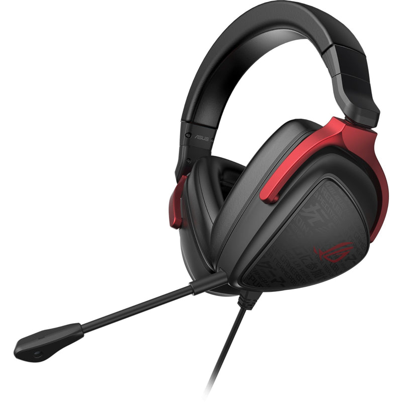 ASUS ROG Delta S Core gaming headset in black with red accents showing left side view with microphone