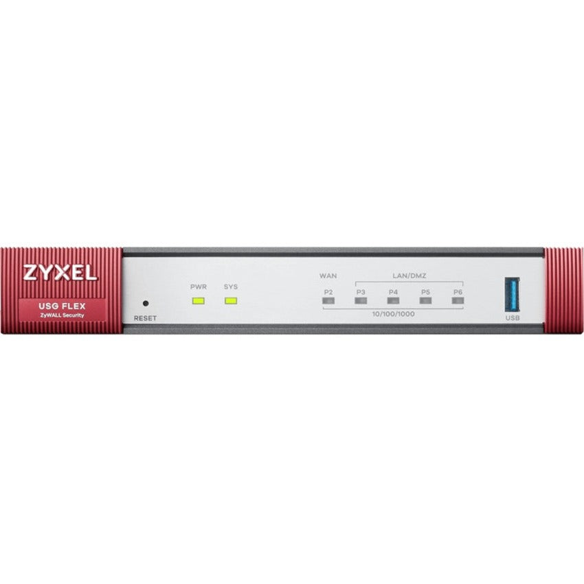 Front view of ZYXEL USG FLEX 50 security firewall showing LED indicators, WAN port, LAN/DMZ ports, and USB connection-alternate-image1