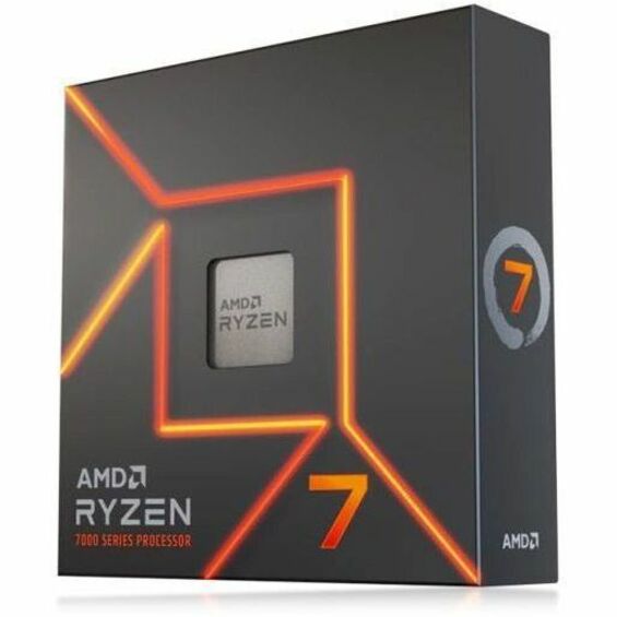 AMD Ryzen 7 7700X processor retail box featuring black design with orange LED-style geometric accents and Ryzen 7 branding