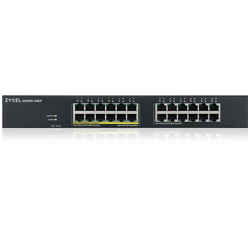 Front view of ZYXEL GS1915-24EP network switch showing 24 Gigabit Ethernet ports with status LEDs